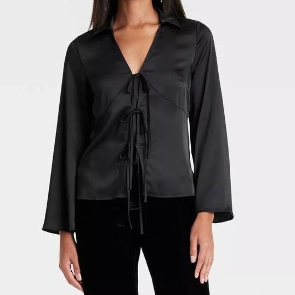 NWT, SZ M, BLACK, Satin Tie Front Top or Jacket